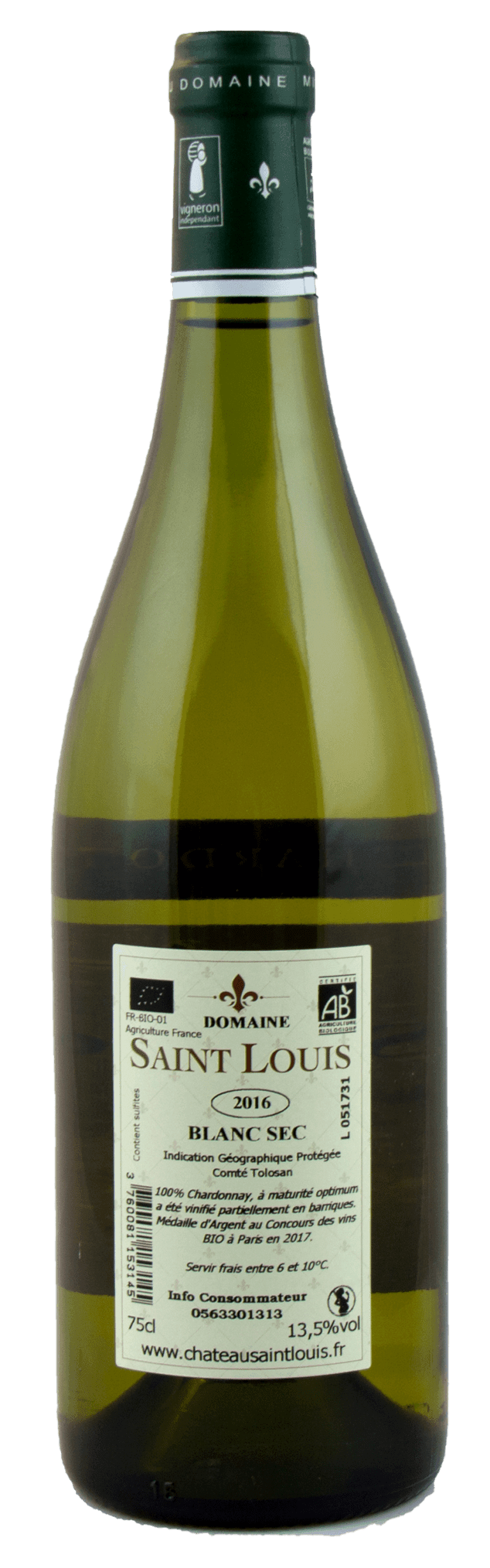 Flasche Bio-Chardonnay vom Château Saint Louis, trockener Weißwein