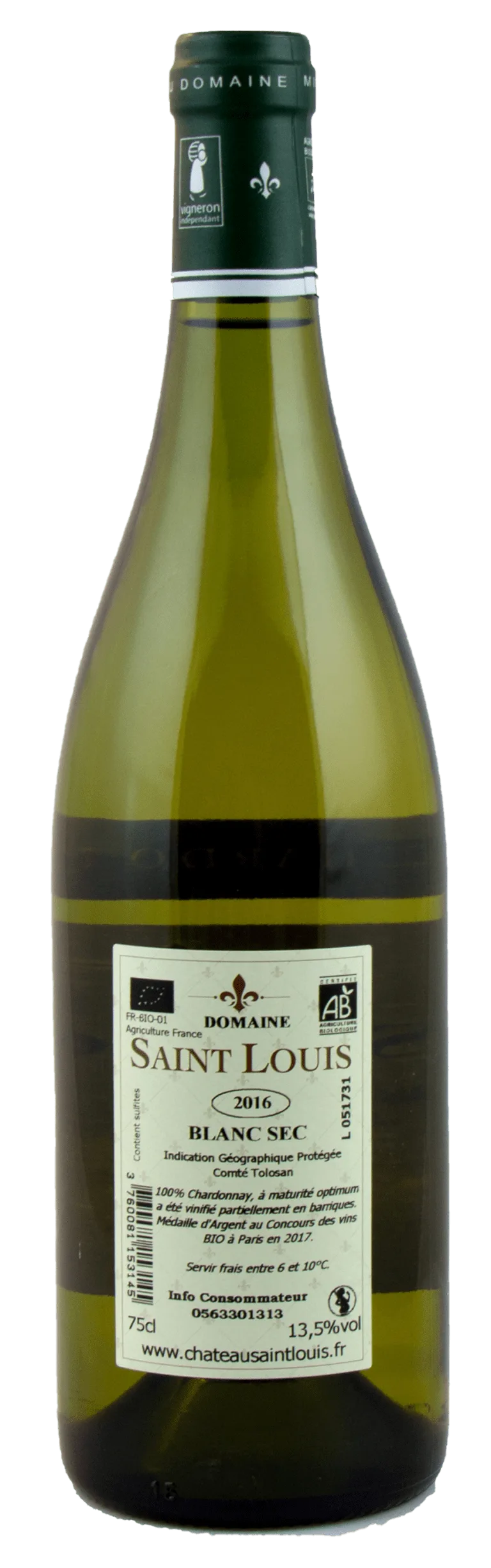 Bouteille de chardonnay bio du Château Saint Louis, vin blanc sec