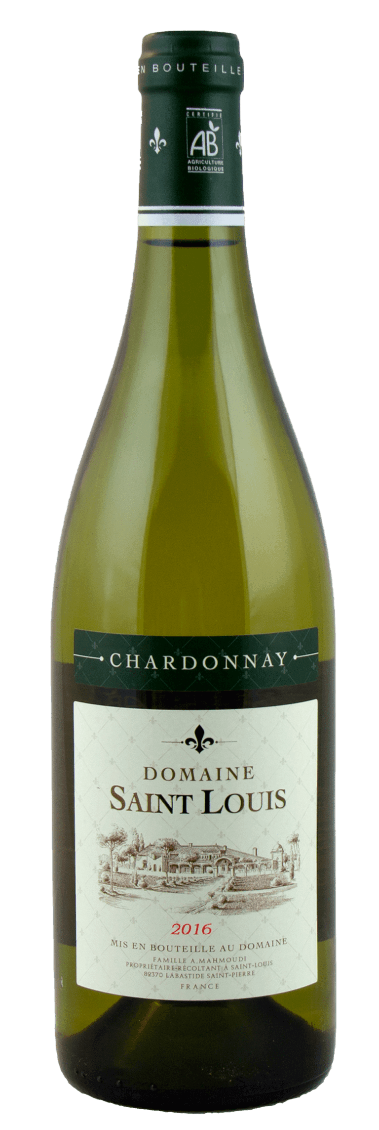 Flasche Bio-Chardonnay vom Château Saint Louis, trockener Weißwein