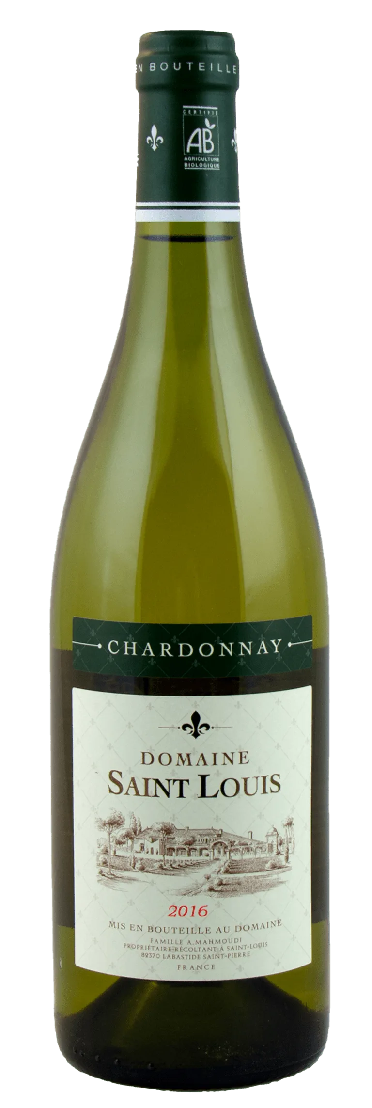 Bouteille de chardonnay bio du Château Saint Louis, vin blanc sec