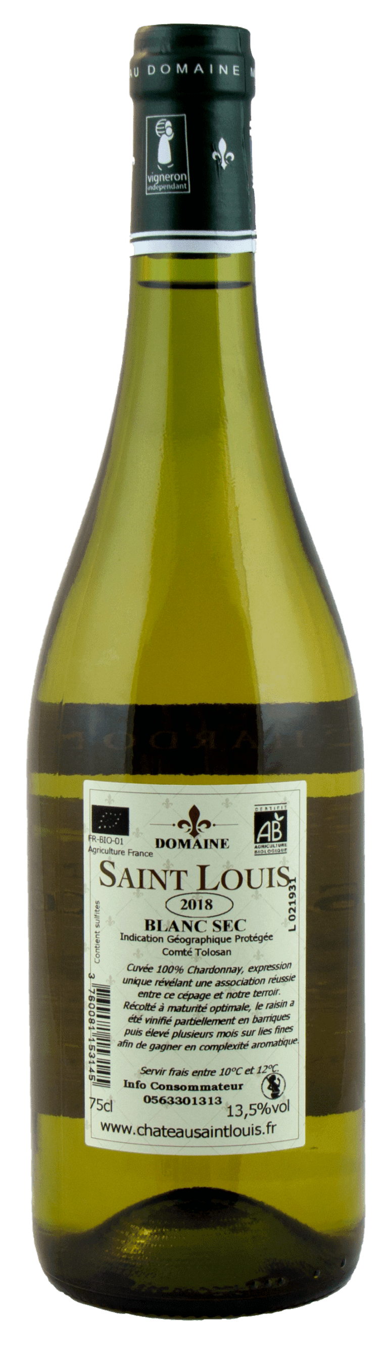 Flasche Bio-Chardonnay vom Château Saint Louis, trockener Weißwein