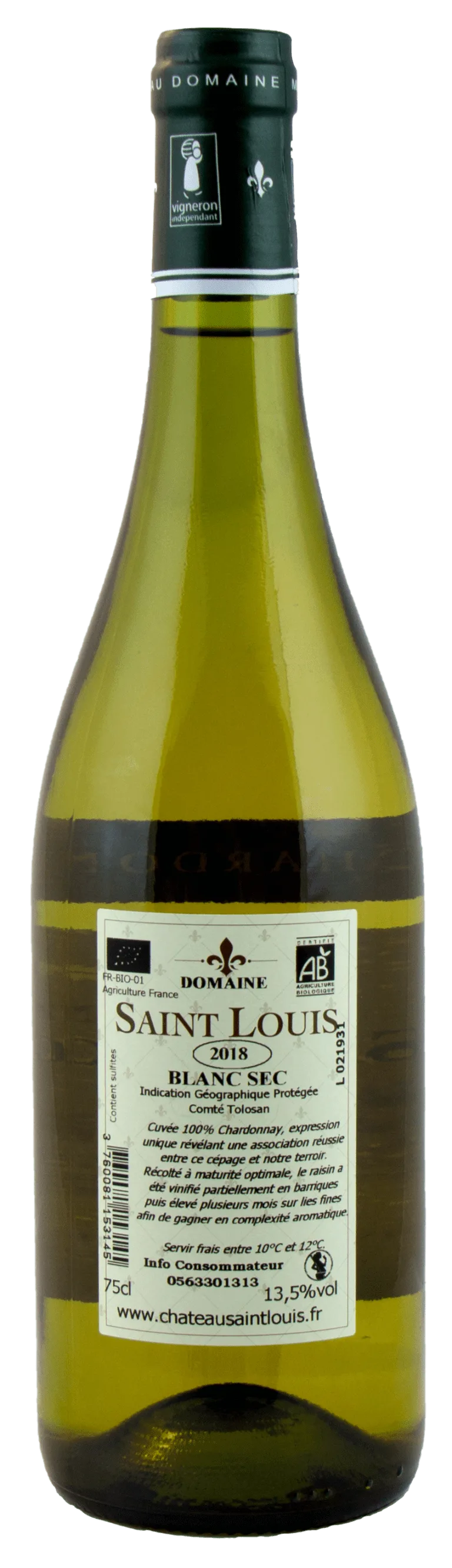 Bouteille de chardonnay bio du Château Saint Louis, vin blanc sec