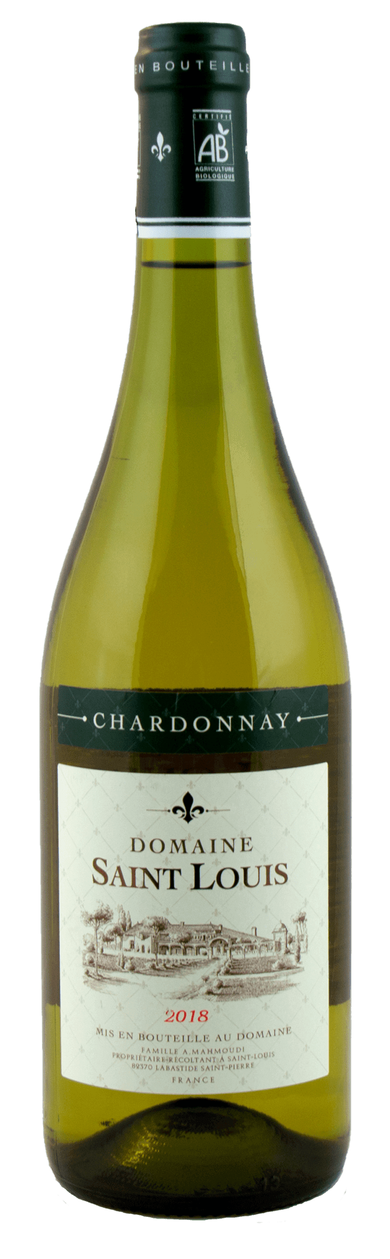 Flasche Bio-Chardonnay vom Château Saint Louis, trockener Weißwein