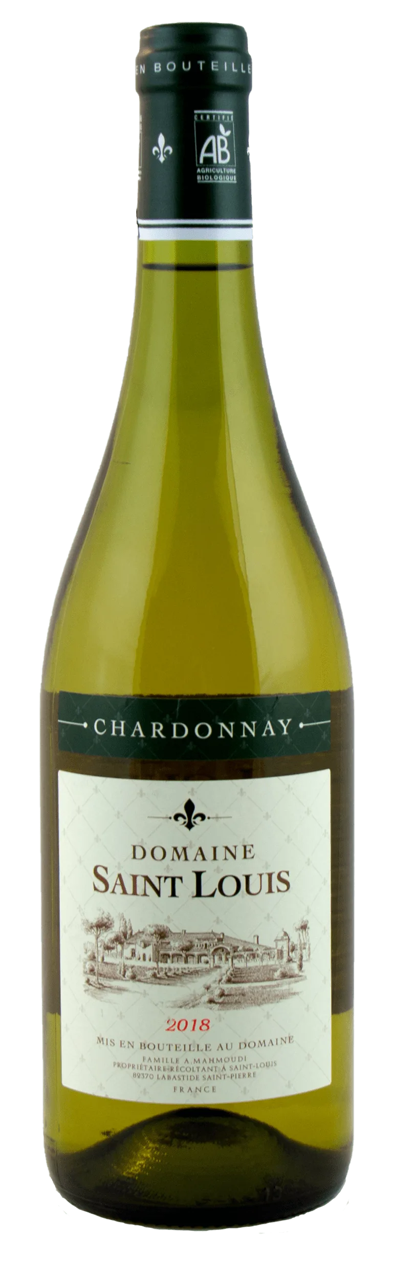 Bouteille de chardonnay bio du Château Saint Louis, vin blanc sec