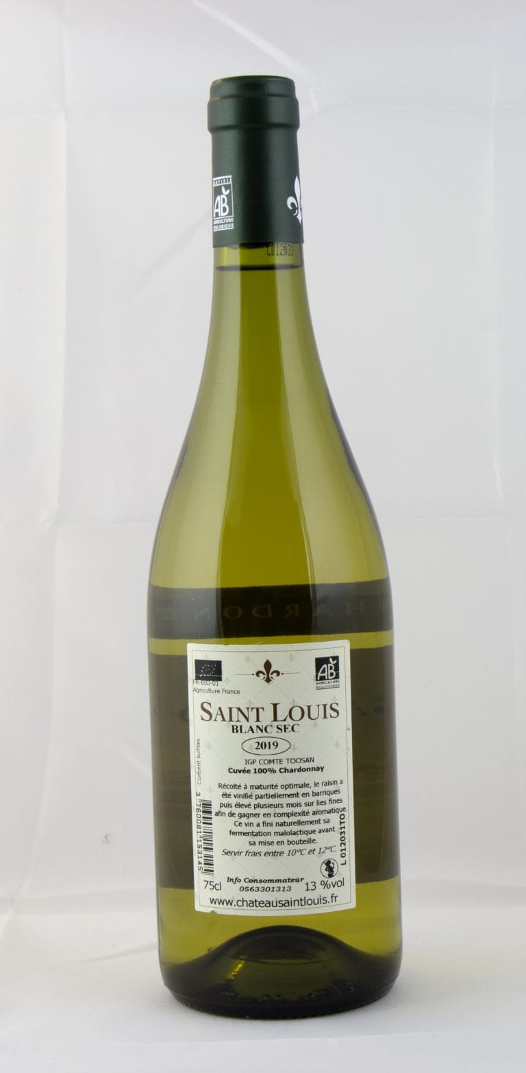 Flasche Bio-Chardonnay vom Château Saint Louis, trockener Weißwein