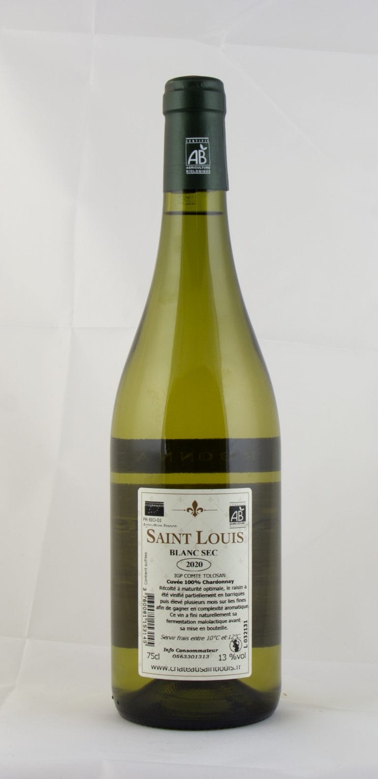 Flasche Bio-Chardonnay vom Château Saint Louis, trockener Weißwein