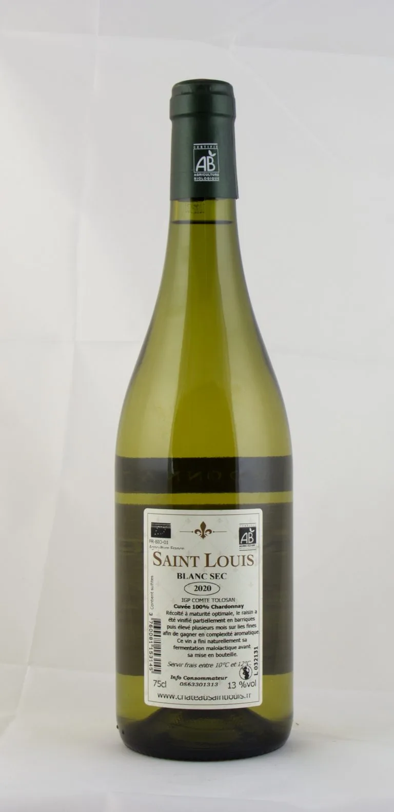 Bouteille de chardonnay bio du Château Saint Louis, vin blanc sec