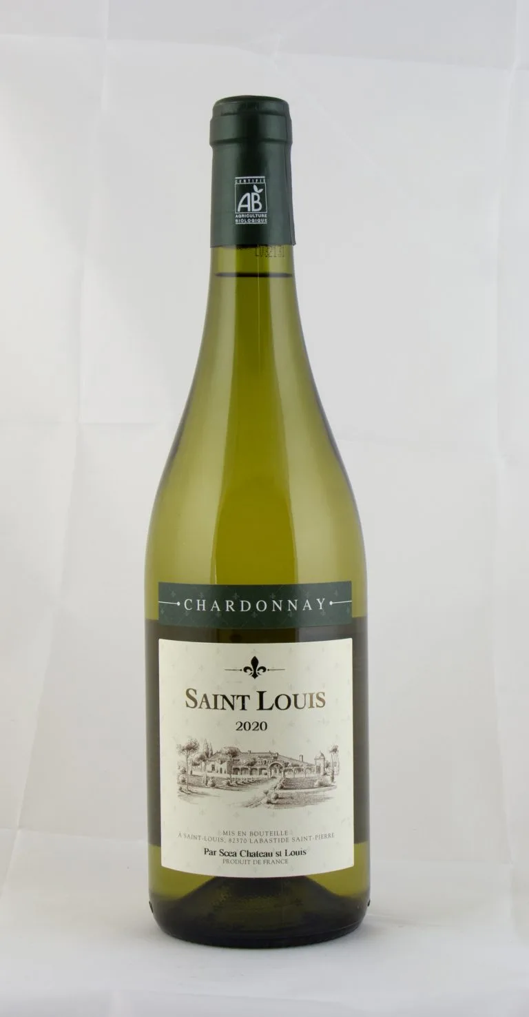 Bouteille de chardonnay bio du Château Saint Louis, vin blanc sec