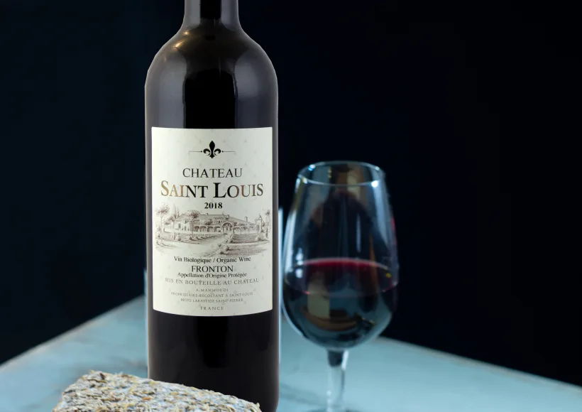 Bottles of organic wine from Château Saint Louis, AOC Fronton