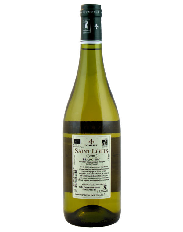 Image de la bouteille Domaine SAINT LOUIS Chardonnay 2020 avec des verres de vin : "Verres de Chardonnay 2020 du Domaine SAINT LOUIS, accompagnant une bouteille élégante, représentant l'excellence du Chardonnay en agriculture biologique."