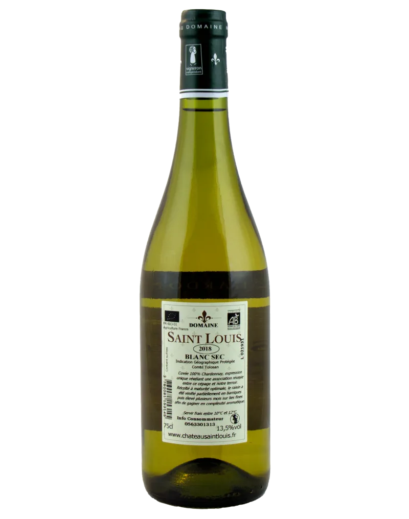 Domaine viticole Château Saint Louis Fronton Image de la bouteille Domaine SAINT LOUIS Chardonnay 2020 avec des verres de vin : "Verres de Chardonnay 2020 du Domaine SAINT LOUIS, accompagnant une bouteille élégante, représentant l'excellence du Chardonnay en agriculture biologique."