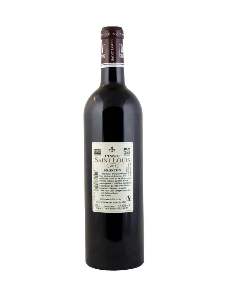 Domaine viticole Château Saint Louis Fronton Verres élégants d'Esprit 2018 accompagnant la bouteille primée, reflétant un assemblage unique et un élevage en fûts de chêne soigné