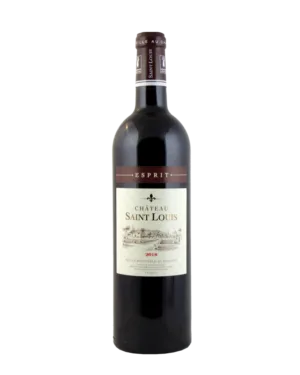 Weingut Château Saint Louis Fronton Verres élégants d'Esprit 2018 accompagnant la bouteille primée, reflétant un assemblage unique et un élevage en fûts de chêne soigné.
