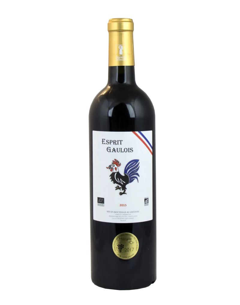 Weingut Château Saint Louis Fronton Bild der Flasche L'ESPRIT GAULOIS: "Flasche mit L'ESPRIT GAULOIS, einem ausgezeichneten und preisgekrönten Wein, der die Eleganz und den Reichtum des Terroirs im Südwesten repräsentiert."