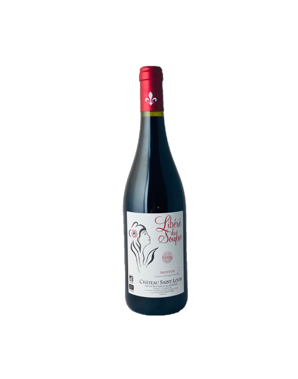 Bottiglia di vino naturale Libéré du Soufre, AOC FRONTON, perfettamente equilibrato con note di frutti di bosco e un tocco floreale, proveniente da un vigneto biologico.