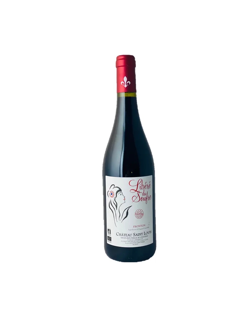 Wine estate Château Saint Louis Fronton Fronton red wine - Bottle of natural wine Libéré du Soufre, AOC FRONTON, perfectly balanced with notes of wild berries and a floral touch, from an organic vineyard.
