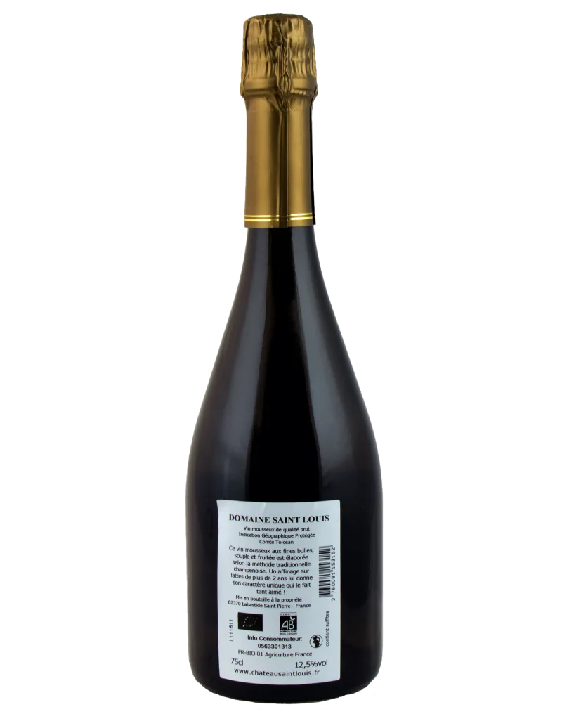 Saint Louis Fronton 酒庄 Image de la bouteille Prêt en Bulles 2020 avec des verres de vin : "Verres de vin pétillant Prêt en Bulles 2020, parfait pour un toast élégant, représentant le raffinement du Chardonnay en fines bulles."