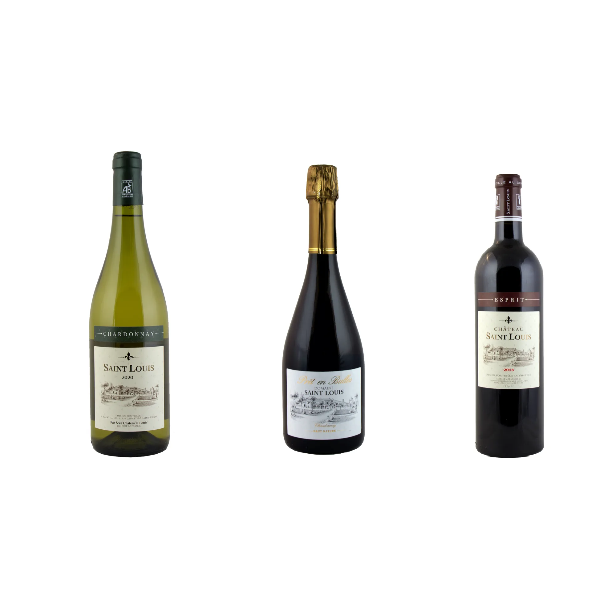 Propriedade vitícola Château Saint Louis Fronton Caixa Panaché Fête ESPRIT: três garrafas de vinho biológico