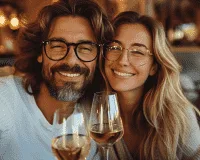 Un couple partage un verre de vin du Château Saint Louis