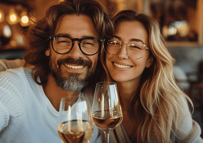 A couple sharing a glass of Château Saint Louis wine