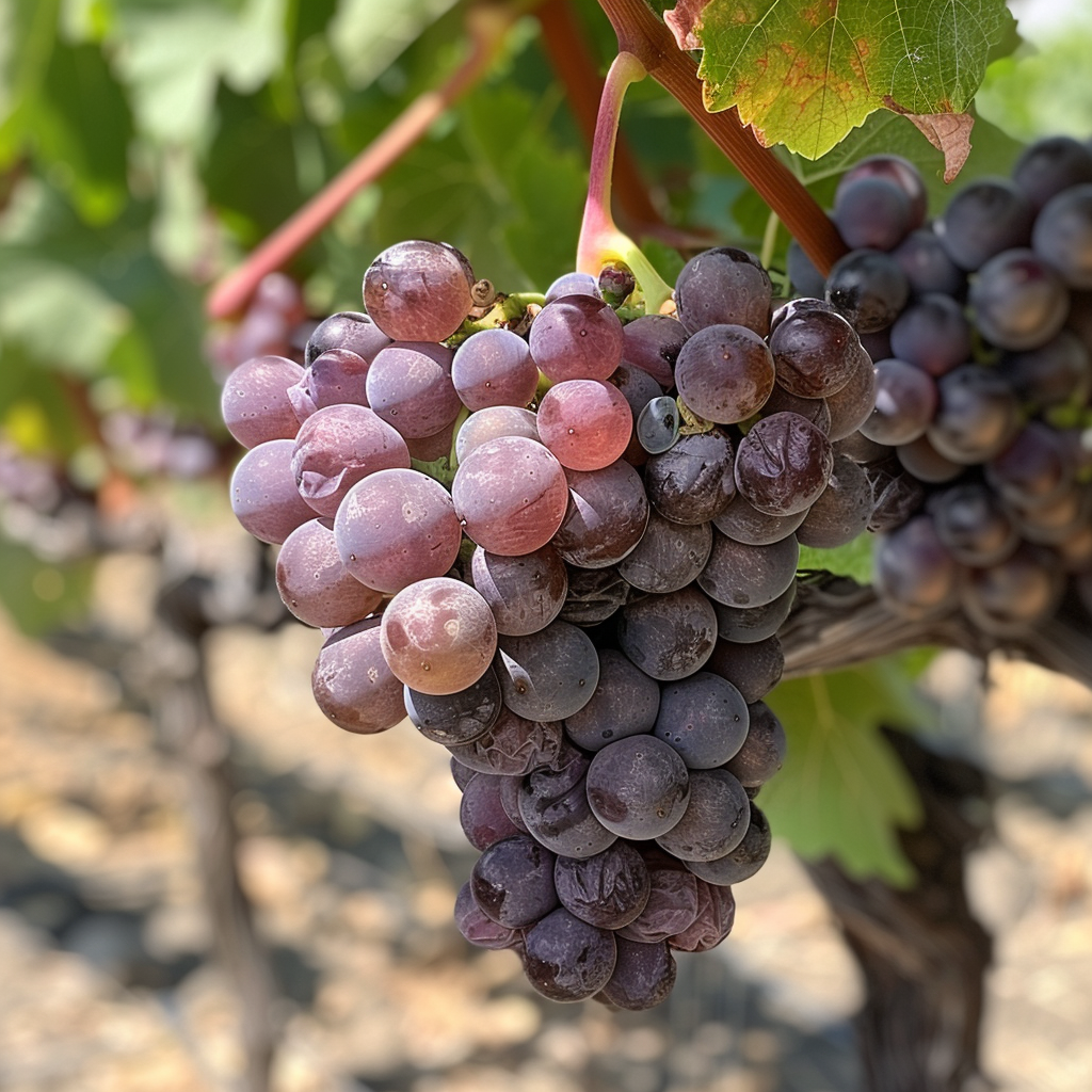 Vue panoramique d'un vignoble de Négrette dans le Frontonnais, avec des rangées de vignes luxuriantes sous un ciel clair, mettant en avant le terroir idéal pour ce cépage aromatique.