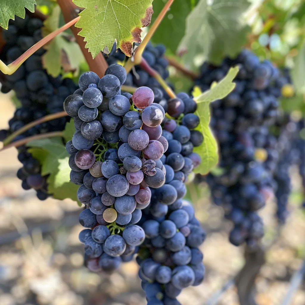 Um cacho de uvas Négrette banhado pela luz, ilustrando as caraterísticas distintas desta casta rara do sudoeste de França, com bagos redondos e folhas felpudas.