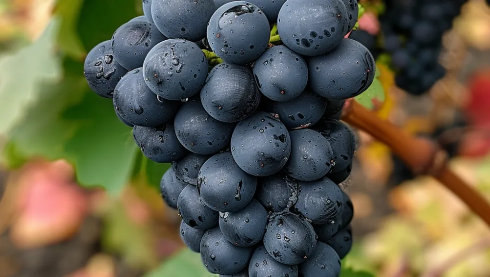 Gros plan détaillé d'une grappe de raisin de Négrette éclairée par le soleil, soulignant les caractéristiques uniques de ce rare cépage du sud-ouest de la France, avec ses baies rondes et dodues et ses feuilles floues distinctives, sur fond de vignoble à l'atmosphère douce.