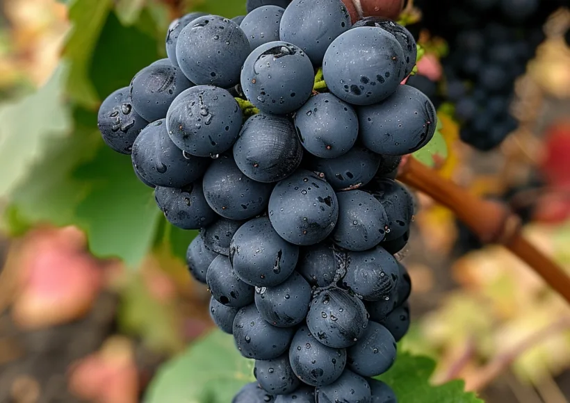 Gros plan détaillé d'une grappe de raisin de Négrette éclairée par le soleil, soulignant les caractéristiques uniques de ce rare cépage du sud-ouest de la France, avec ses baies rondes et dodues et ses feuilles floues distinctives, sur fond de vignoble à l'atmosphère douce.